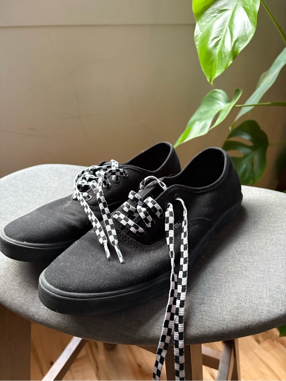 Vans Black Canvas Sneakers with Black-and-White Checkerboard Laces